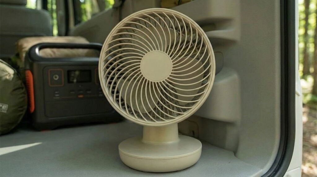 エブリイの車中泊でサーキュレーターを使用しているイメージ