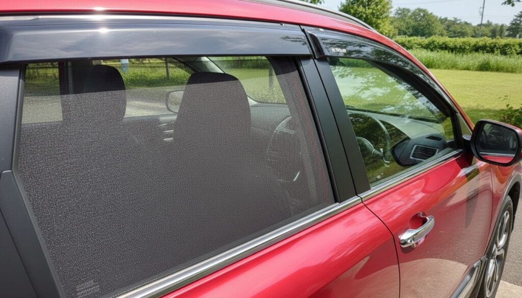 後部のサイドウインドウにメッシュ状の車用サンシェードを装着しているイメージ
