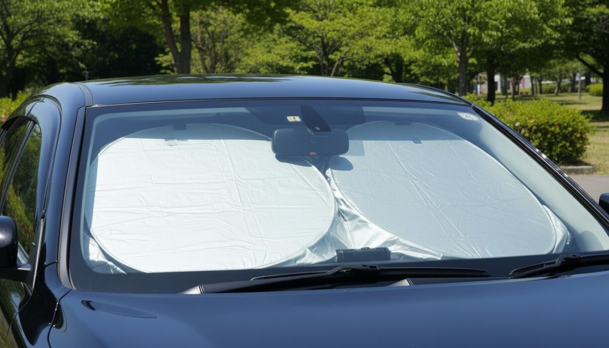 折りたたみの車用サンシェードをフロントガラスに装着しているイメージ