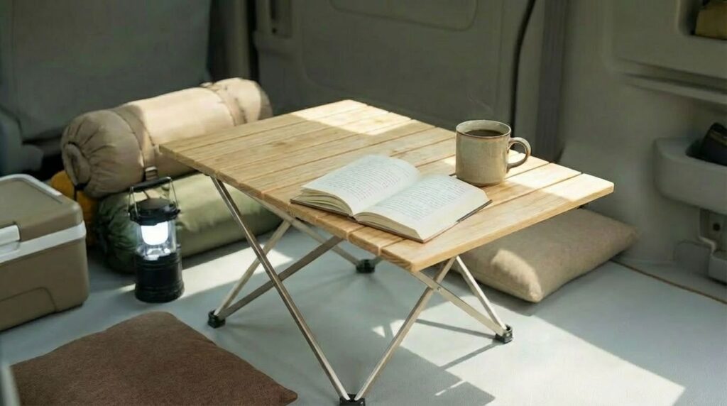 エブリイの車中泊で折りたたみテーブルを使用しているイメージ