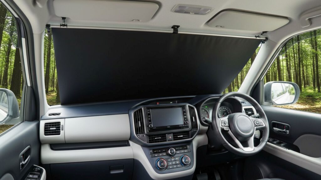 ロールタイプの車用サンシェードをフロントガラスに装着しているイメージ