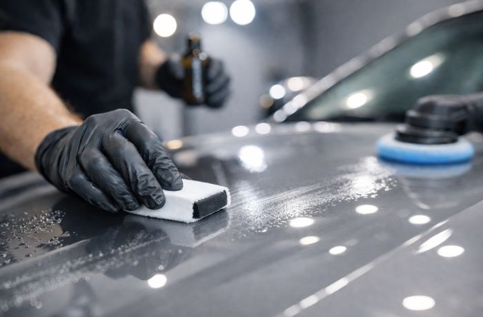 車の花粉を防ぐために、コーティングをかけている様子