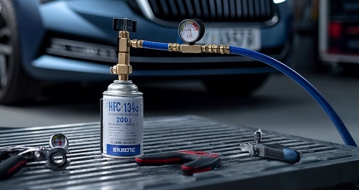 ガス缶にチャージホースを取り付ける様子