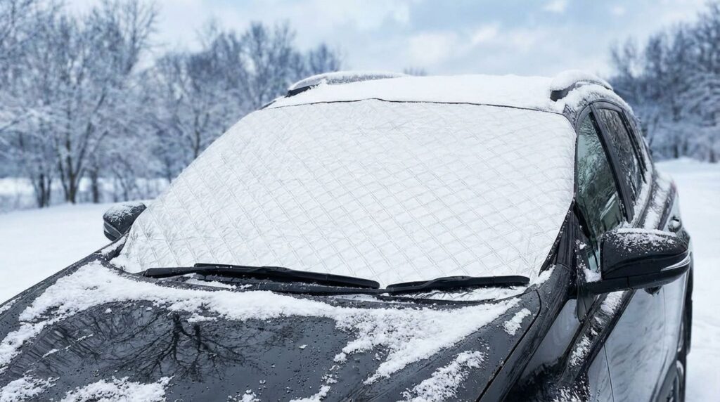 冬に外付けの車用サンシェードを使用している様子