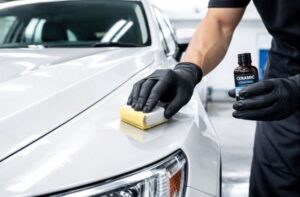 白い車にコーティングをしている様子