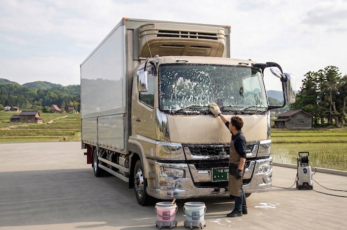 トラックを手洗い洗車している様子