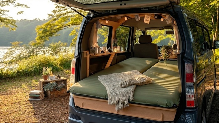 軽バンで車中泊している様子