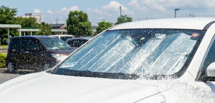 水をかけて車内温度を下げようとしてる様子