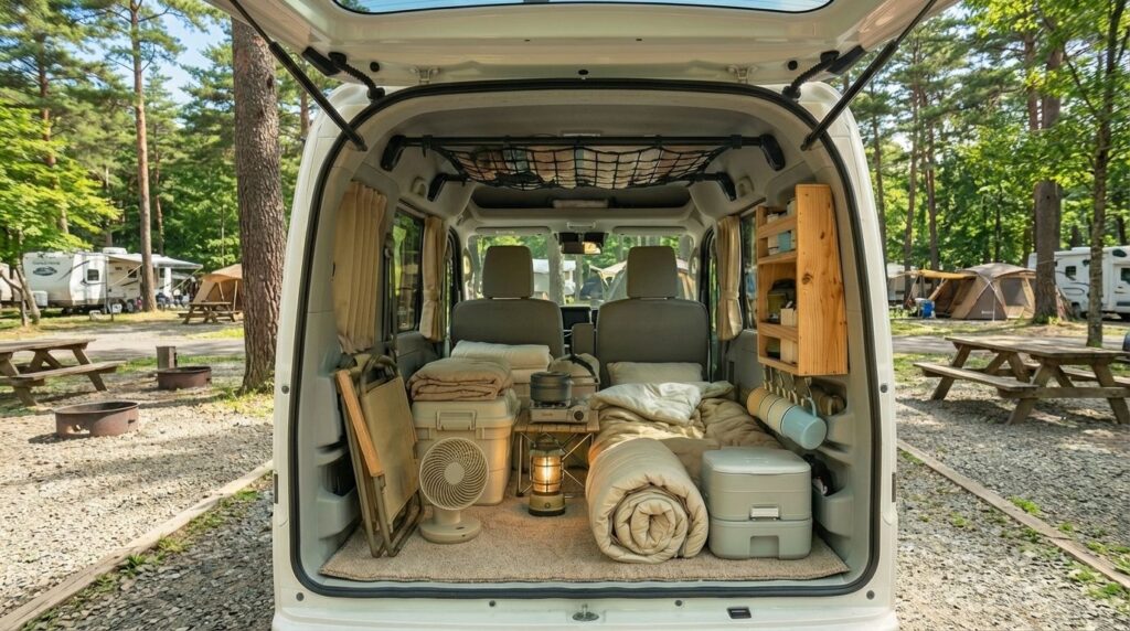 女子が軽自動車で車中泊をしているイメージ