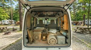 女子が軽自動車で車中泊をしているイメージ