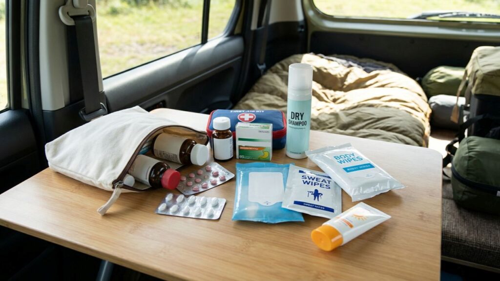 女子の車中泊の際に使用する常備薬や衛生用品のイメージ