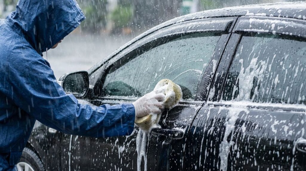 雨の日にカーシャンプーを使用して手洗いで洗車している様子