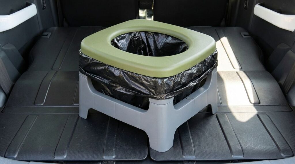 女子の車中泊で使用する簡易トイレのイメージ