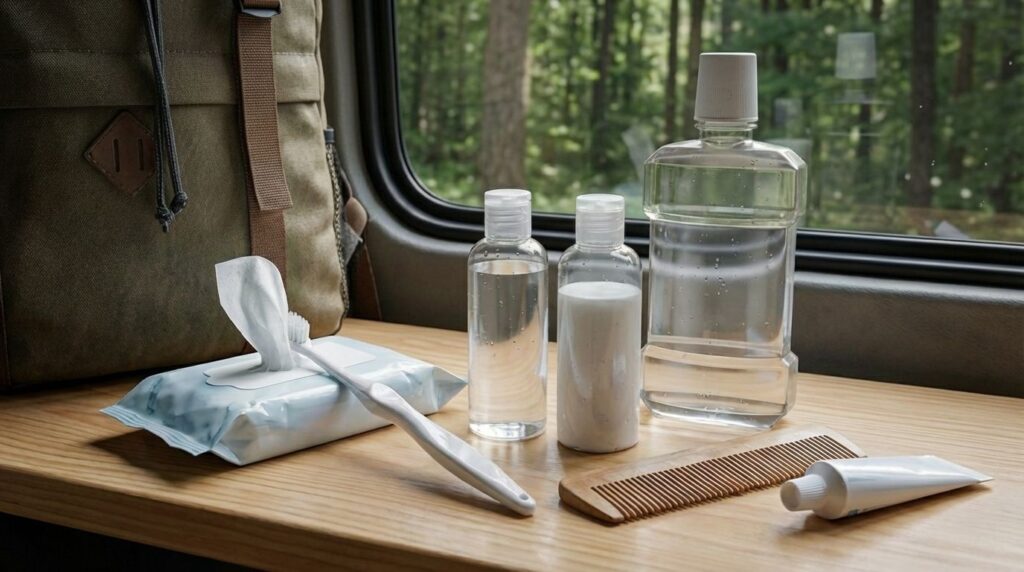 女子の車中泊で使用するスキンケア用品のイメージ