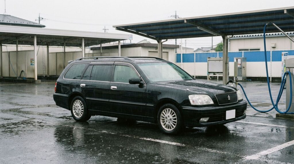 雨の日に洗車場に来ている車のイメージ画像