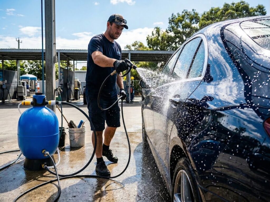 純水洗車をしている様子