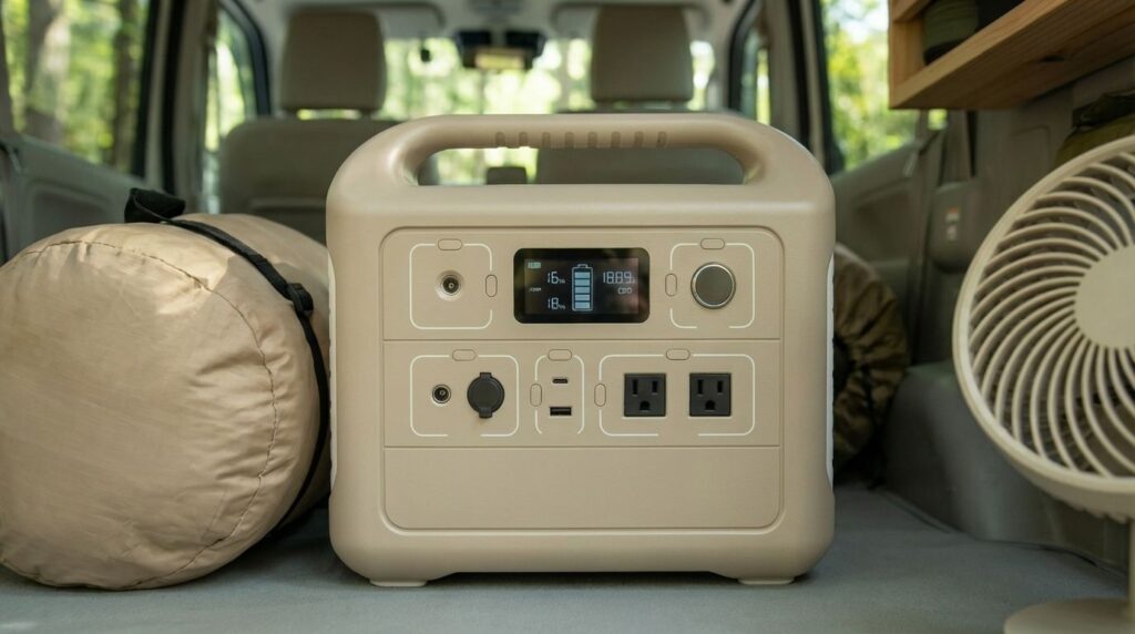 女子の車中泊でポータブル電源を使用しているイメージ