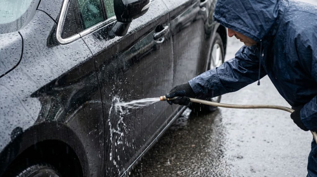 雨の日にホースで水をかけて洗車しているイメージ画像