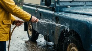 雨の日にレインコートを着て洗車をしているイメージ画像