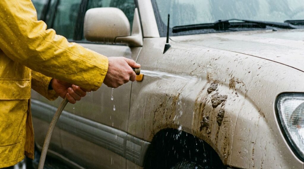 雨の日に車にこびりついた汚れをるために洗車をしているイメージ画像