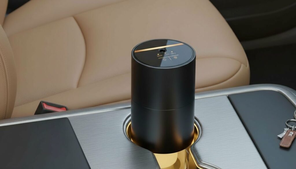 車内でネブライザー式のディフューザーを使用しているイメージ