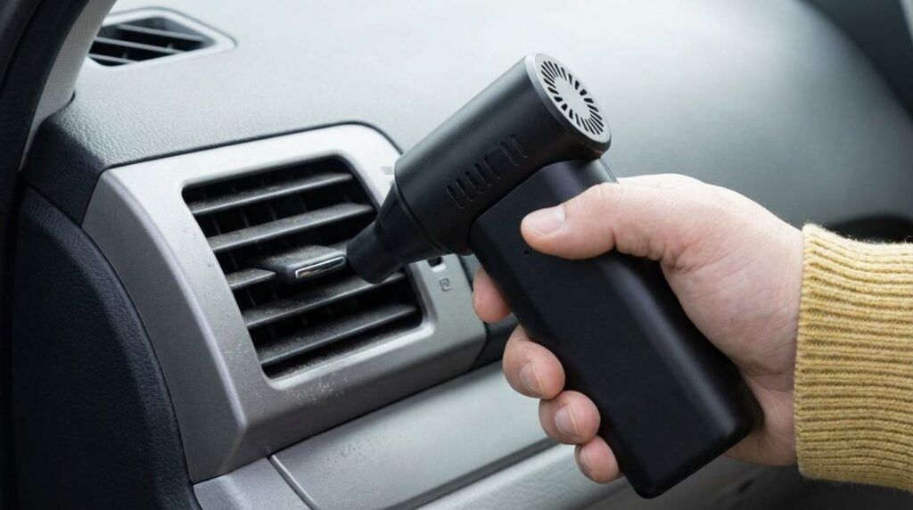 ブロワーで車のエアコン送風口のほこりを飛ばす様子