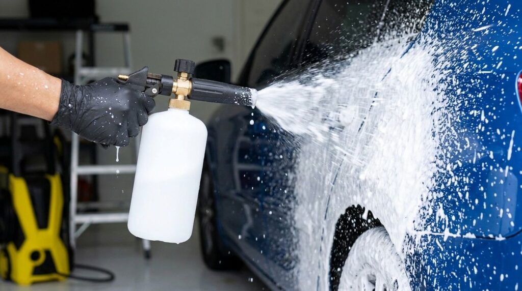 洗車中にフォームガンを使用している様子