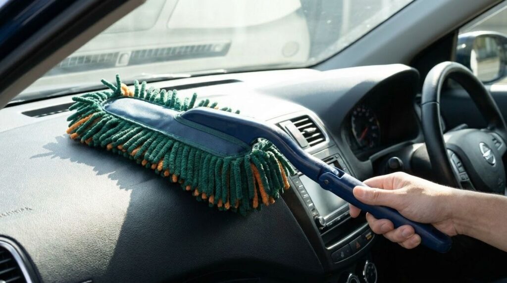 ハンディモップでダッシュボードを掃除する様子