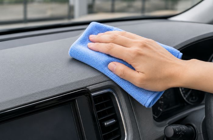 車にスマホホルダーをつけるためにダッシュボードを掃除している写真