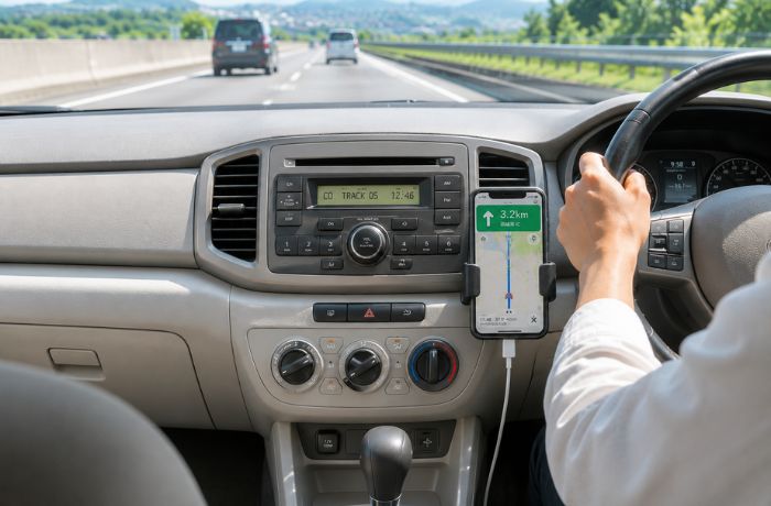 スマホホルダーでナビ案内をしながら運転している様子