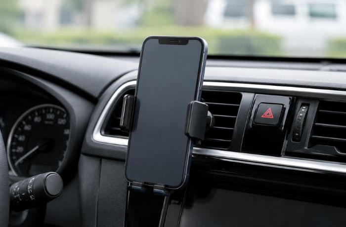 エアコン吹き出し口に設置されているスマホホルダー