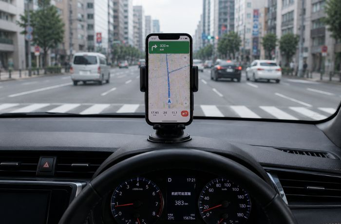 ドライバーの正面に設置され視界を遮るスマホホルダー
