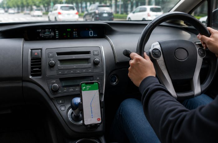 操作を遮る位置にスマホホルダーが設置されている写真
