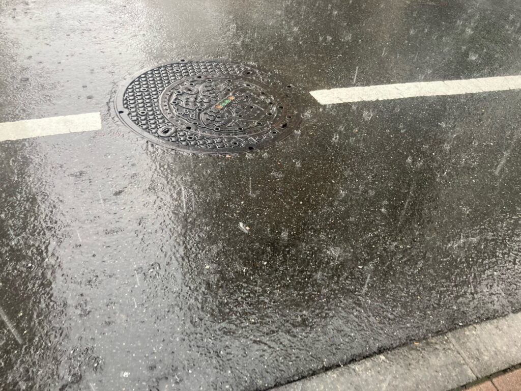 雨で濡れたマンホールと白線