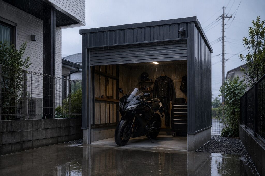 雨天時、ガレージに格納されるバイク