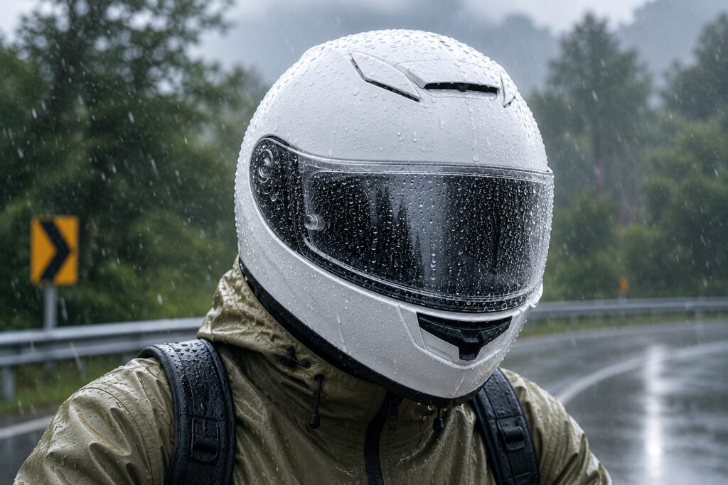 雨の日のフルフェイスヘルメット（イメージ）