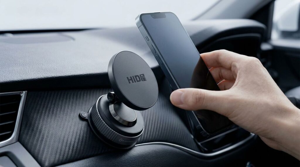 HID屋マグネット式スマホホルダーワイヤレス充電を使用している様子