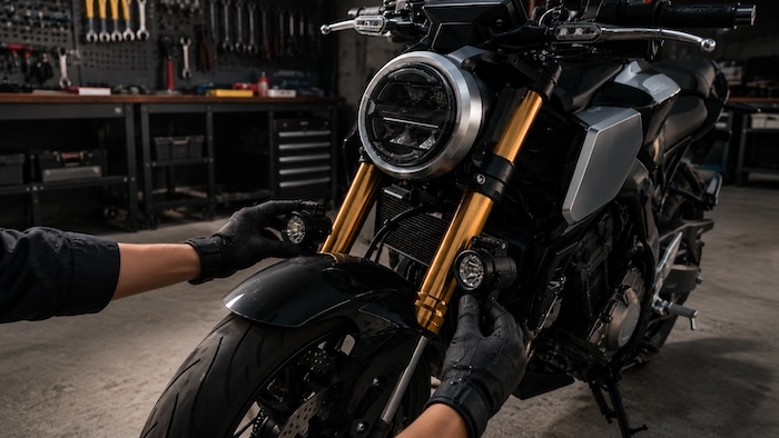 バイクのフォグランプを点検している様子