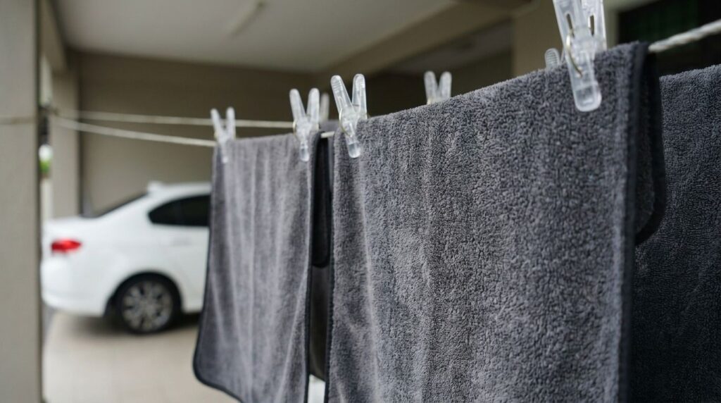 洗濯した後の洗車タオルを陰干ししている様子