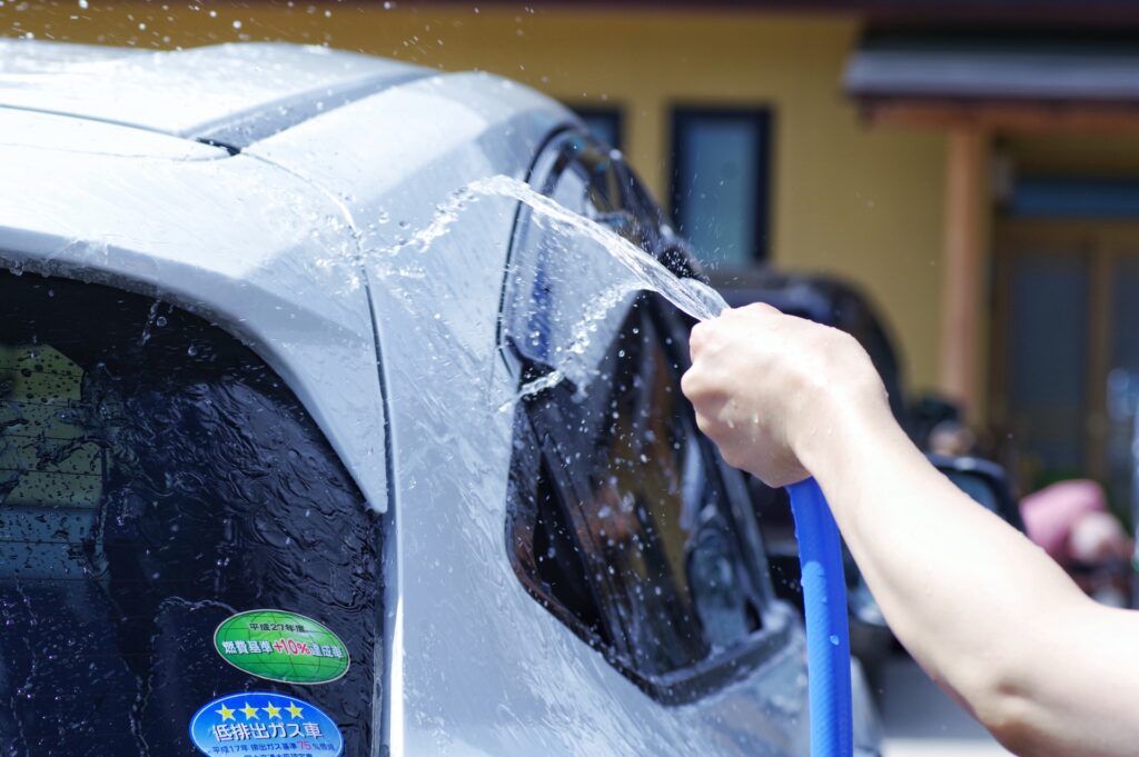 ホースの水で予洗いを行っている様子