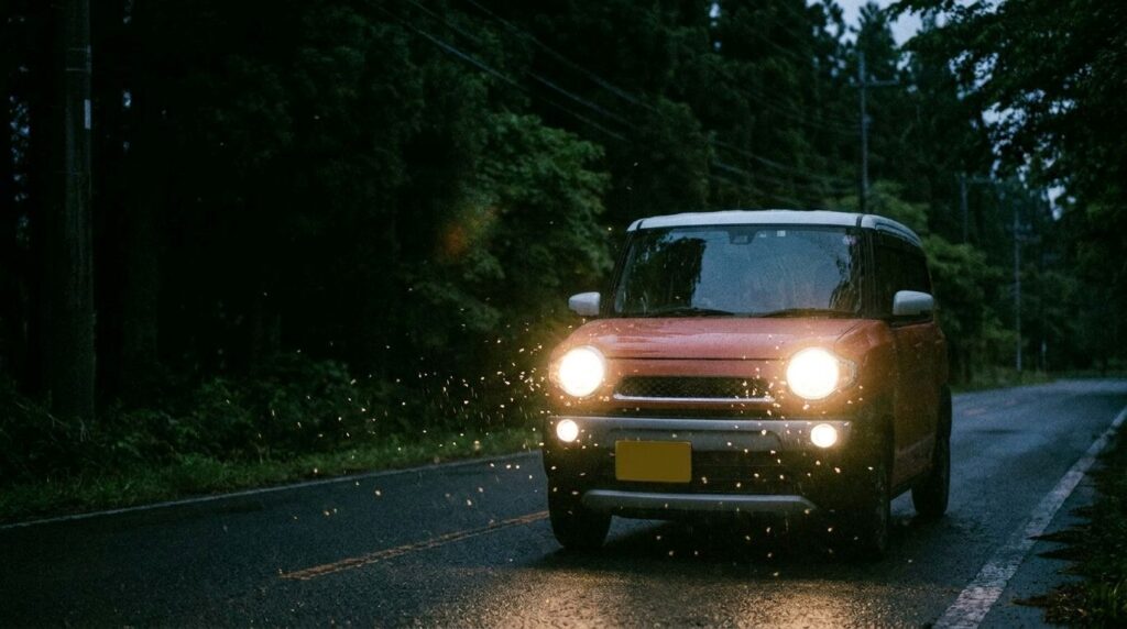 夜間に自然の多い場所を走る車のヘッドライトに虫が集まる様子