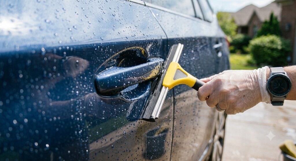 洗車用水切りドアノブで窓の水滴を取り除いている様子（上手く取り切れていない）