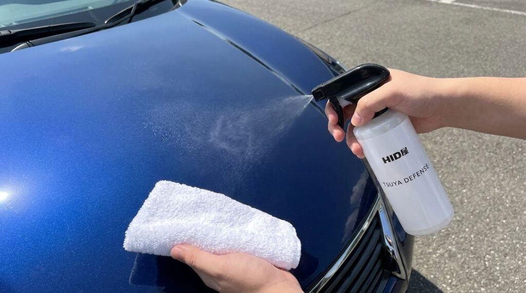 車の虫汚れ予防のためにHID屋の簡易コーティングを施す様子