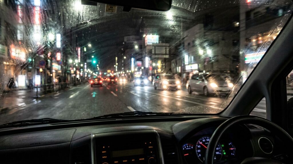 夜間の走行中に車のフロントガラスのギラつきで見えにくい様子