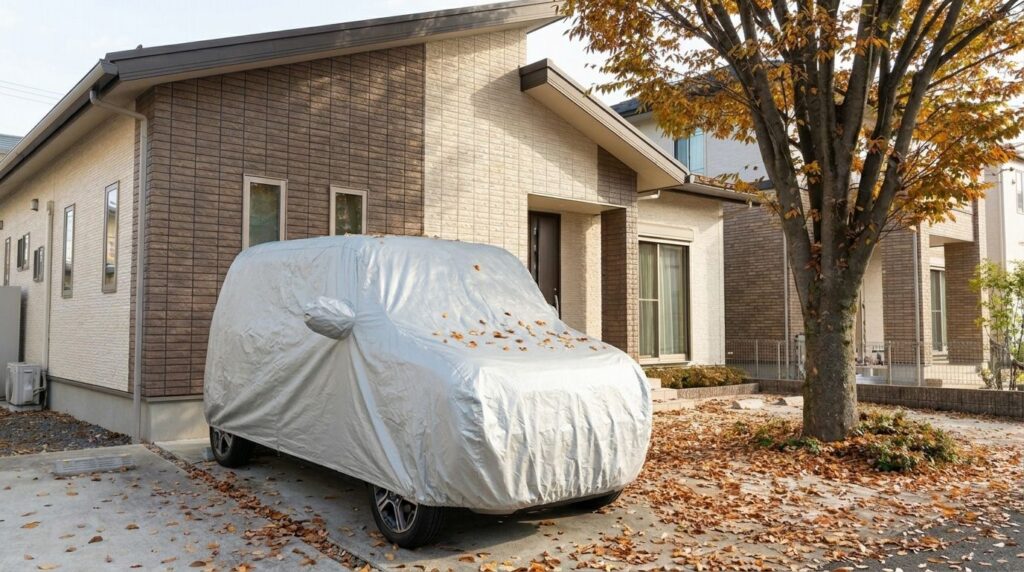 車に落ち葉がつくのを防ぐためにボディカバーをかけている様子