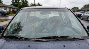 雨天時の車のフロントガラスの油膜が目立つ様子