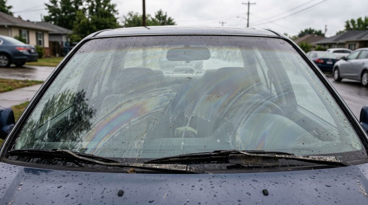 雨天時の車のフロントガラスの油膜が目立つ様子