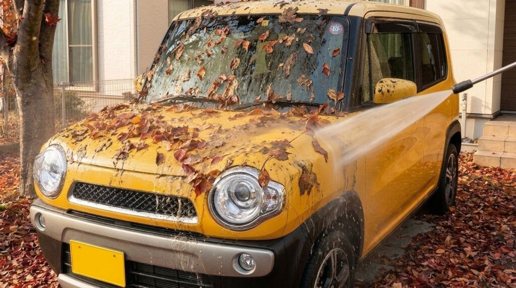 車のボディにこびりついた落ち葉に水をかけている様子