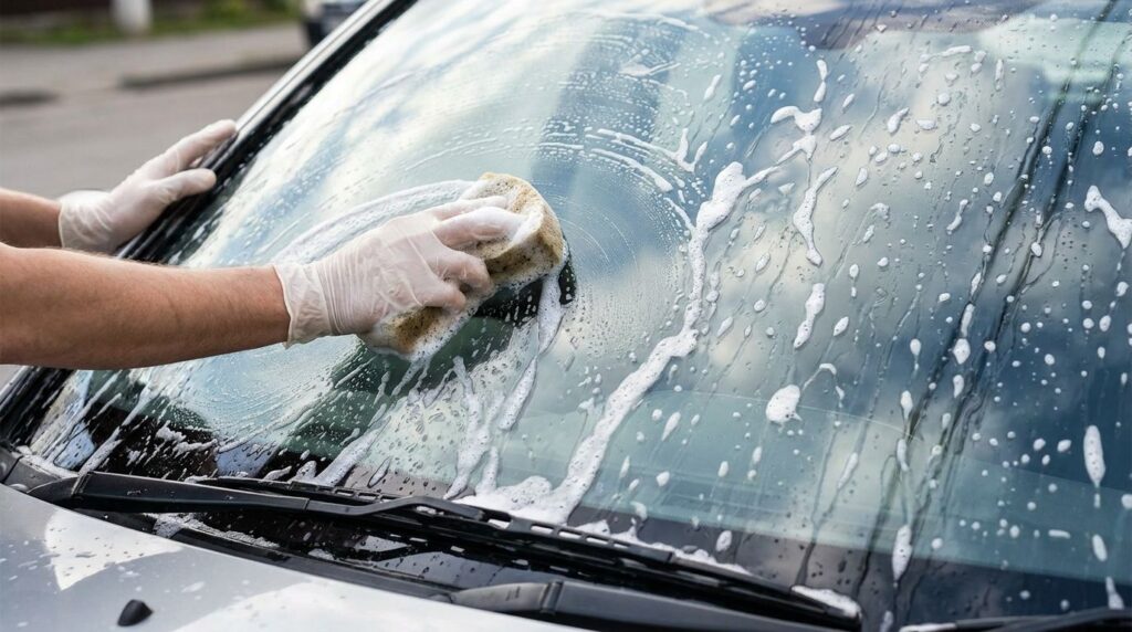 車のフロントガラスを洗剤で洗う様子