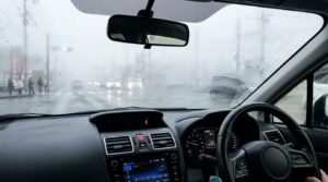 車のフロントガラスの内側が曇っている様子